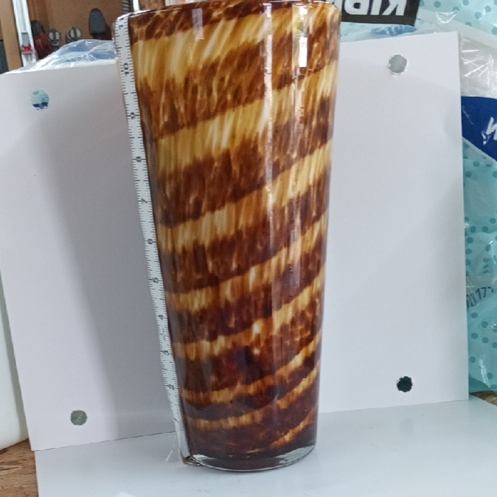 Hand Blown 11 Inch Vase Turtle Shell Brown and Tan Swirl Glass Vase